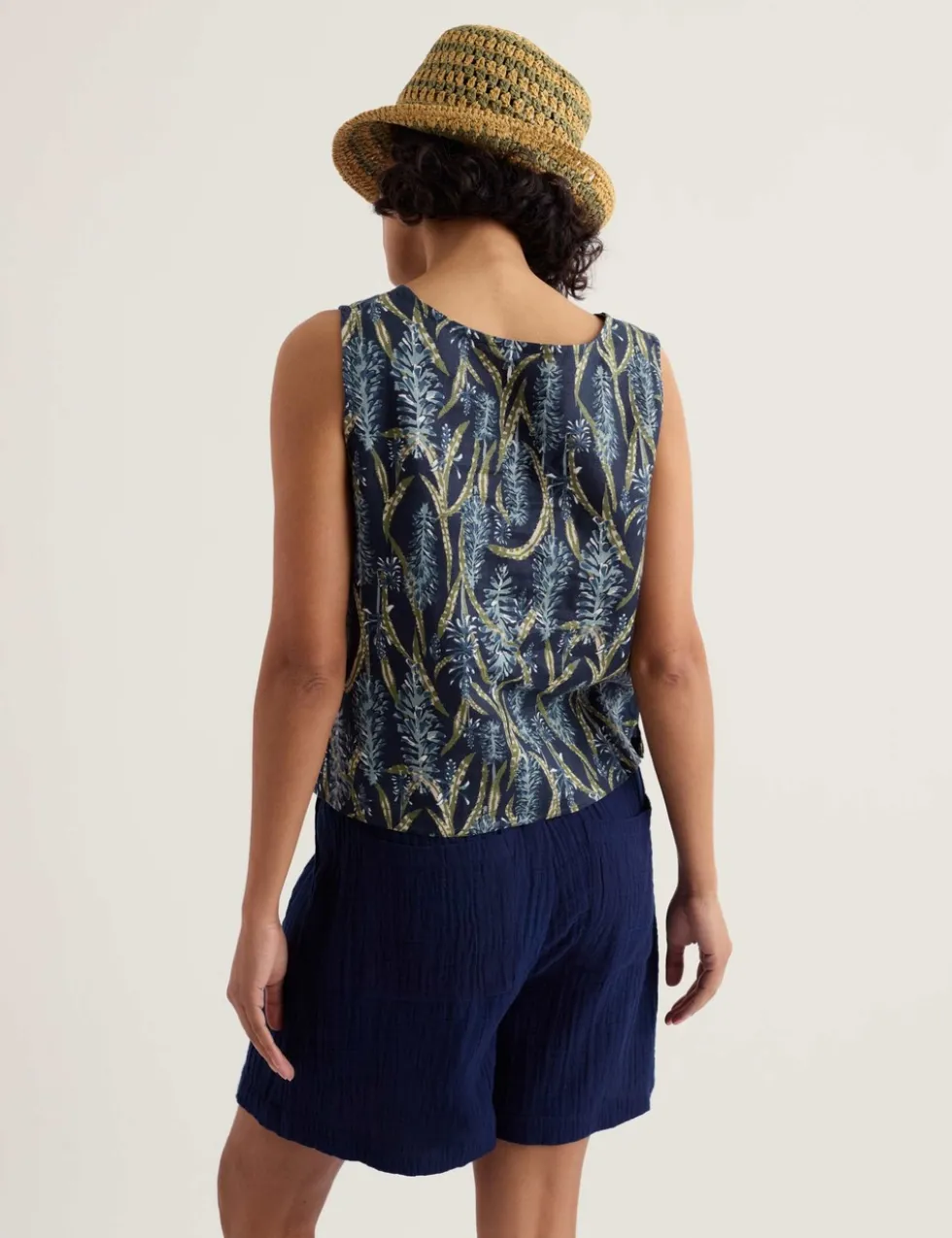 Pure Linen Floral Boat Neck Vest