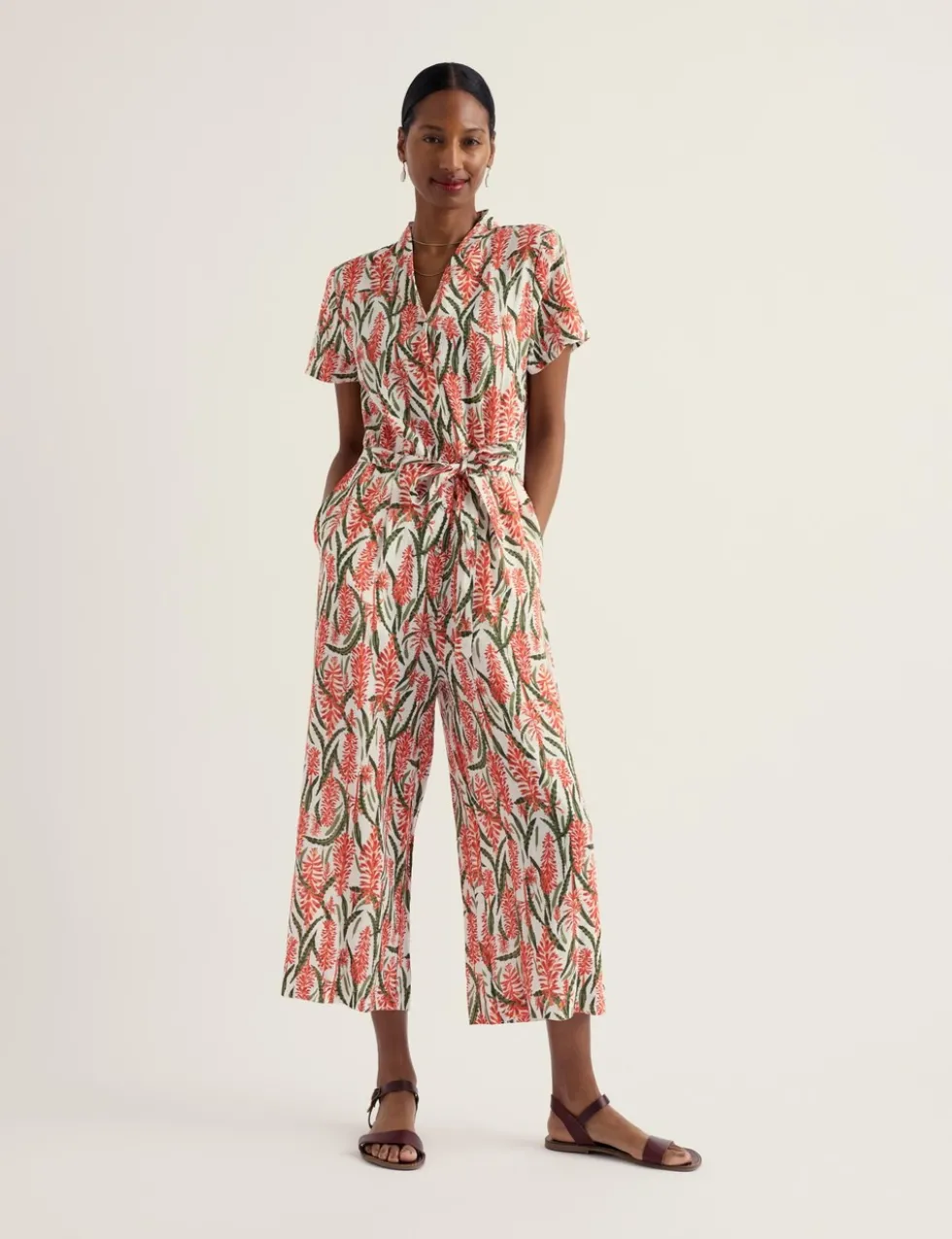 Pure Linen Floral Cropped Jumpsuit