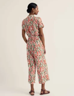 Pure Linen Floral Cropped Jumpsuit