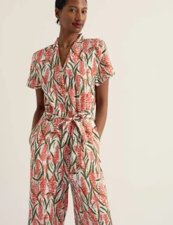 Pure Linen Floral Cropped Jumpsuit