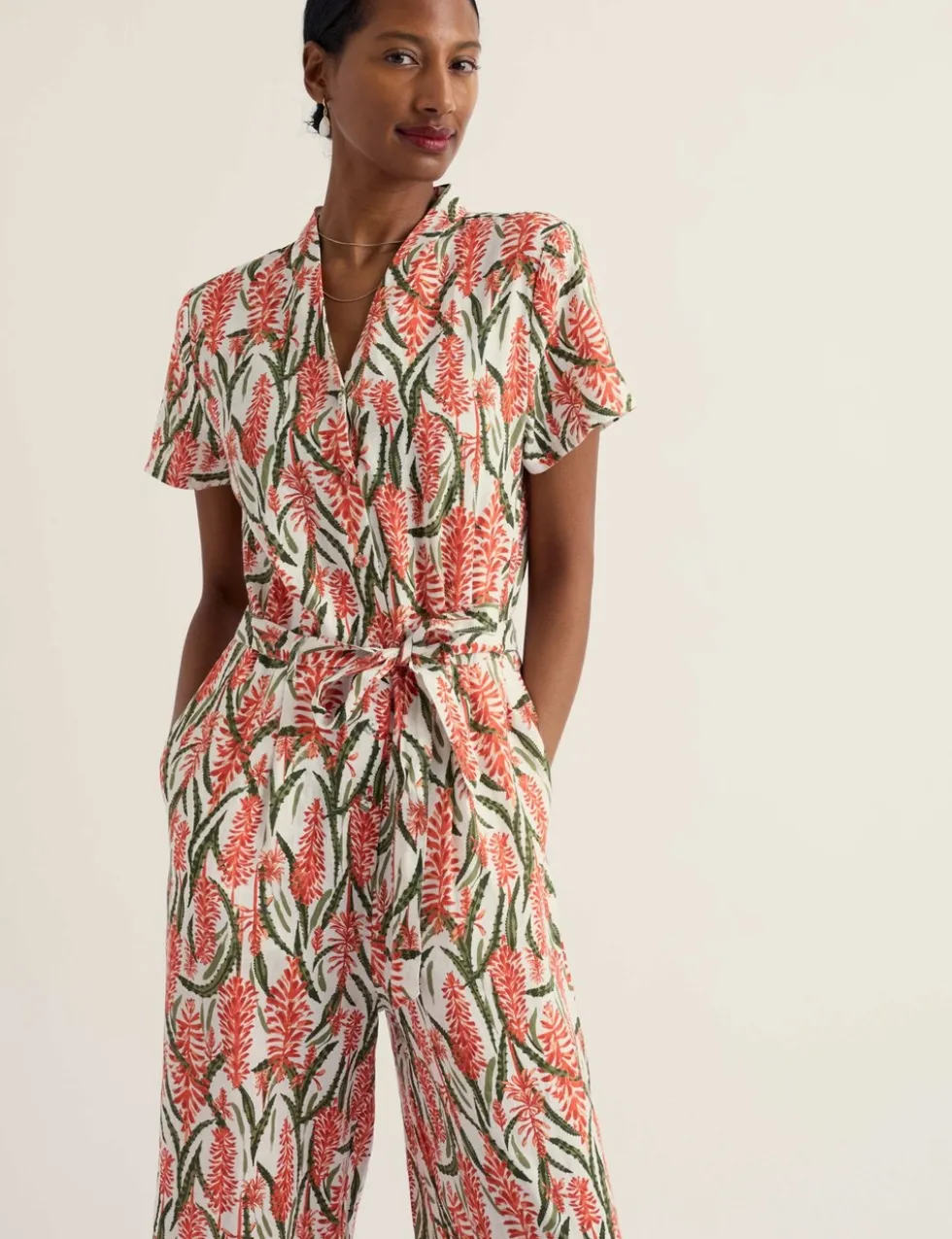 Pure Linen Floral Cropped Jumpsuit