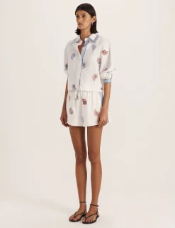 Pure Linen Floral Embroidery Beach Shirt