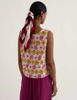 Pure Linen Floral Slash Neck Top