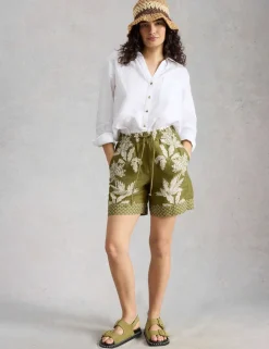 Pure Linen Leaf Print Shorts