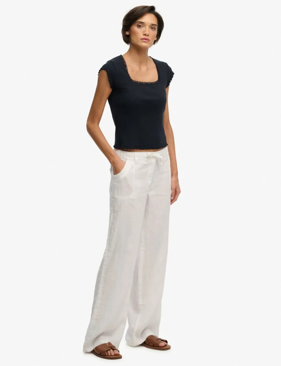 Pure Linen Low Rise Wide Leg Trousers