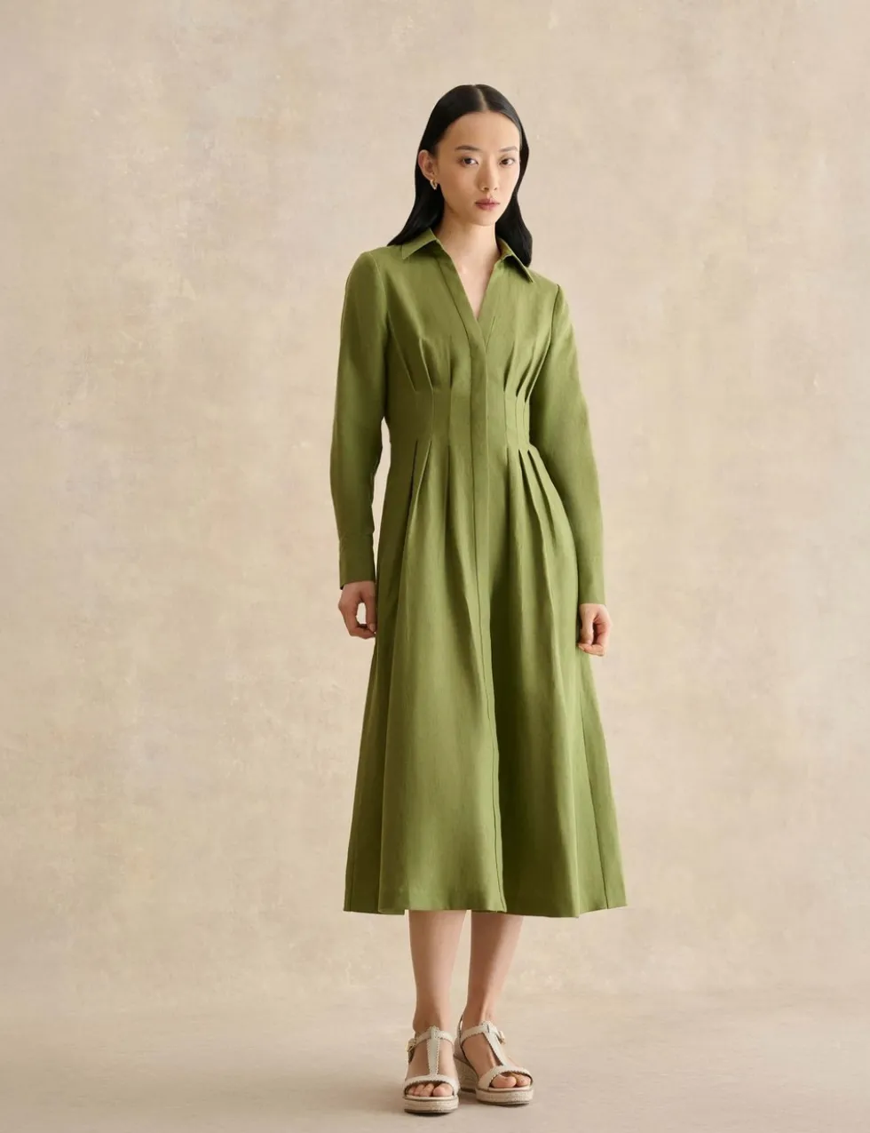 Pure Linen Midi Waisted Dress