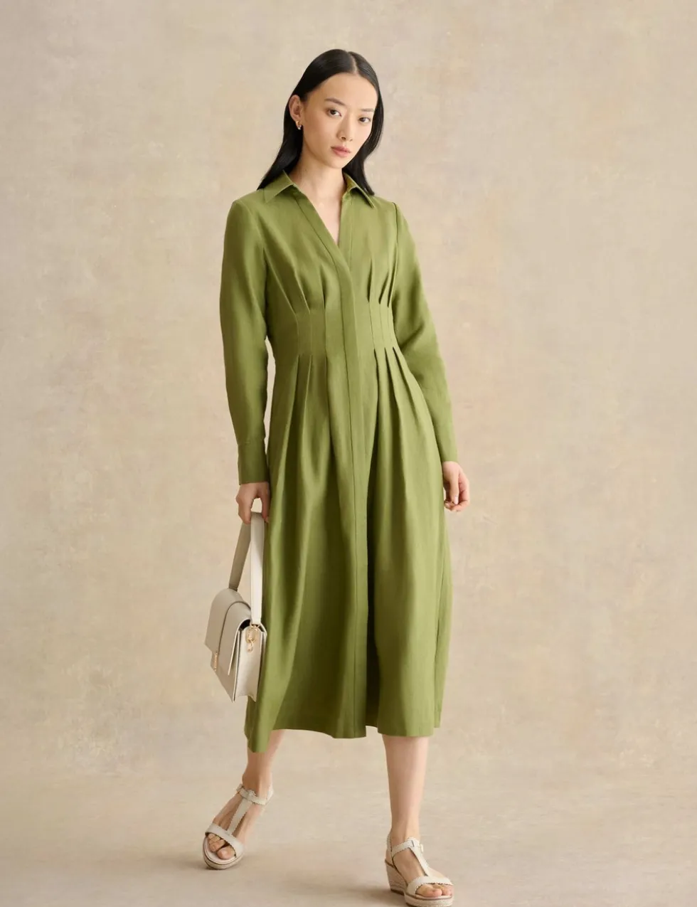 Pure Linen Midi Waisted Dress