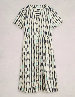 Pure Linen Notch Neck Midi Tea Dress