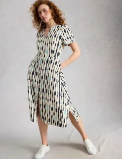 Pure Linen Notch Neck Midi Tea Dress