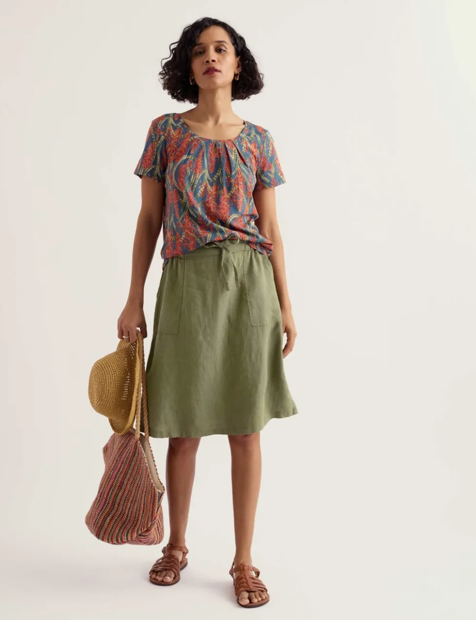 Pure Linen Patch Pocket A-Line Skirt