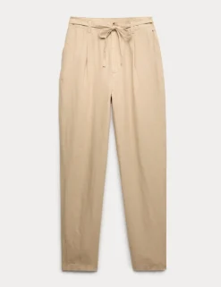 Pure Linen Pleat Front Belted Tapered Trousers