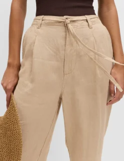 Pure Linen Pleat Front Belted Tapered Trousers