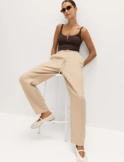 Pure Linen Pleat Front Belted Tapered Trousers
