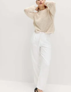 Pure Linen Pleat Front Belted Tapered Trousers