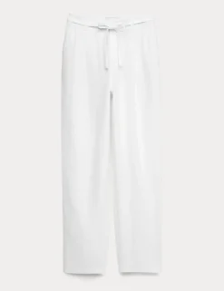 Pure Linen Pleat Front Belted Tapered Trousers