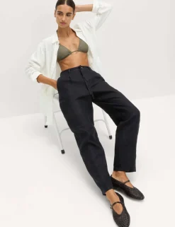 Pure Linen Pleat Front Belted Tapered Trousers
