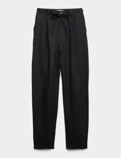Pure Linen Pleat Front Belted Tapered Trousers