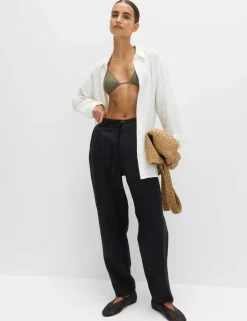 Pure Linen Pleat Front Belted Tapered Trousers