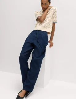 Pure Linen Pleat Front Belted Tapered Trousers