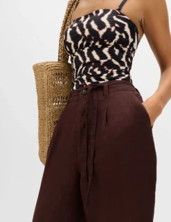 Pure Linen Pleat Front Belted Tapered Trousers