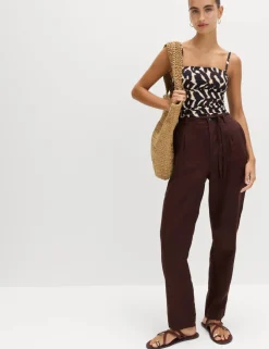 Pure Linen Pleat Front Belted Tapered Trousers