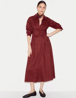 Pure Linen Pleat Front Midi Shirt Dress