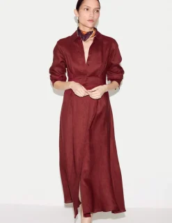Pure Linen Pleat Front Midi Shirt Dress