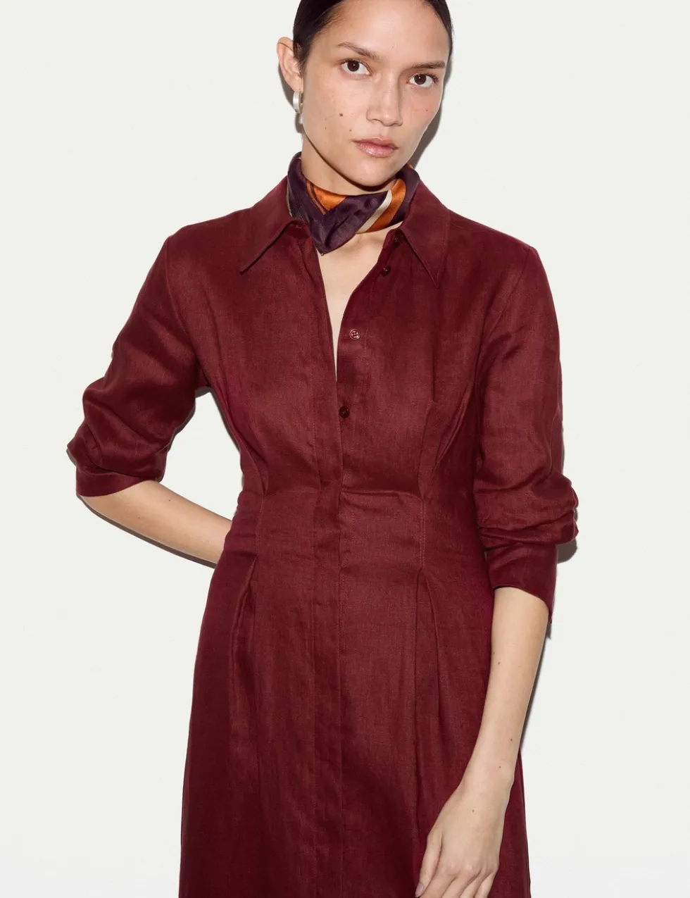Pure Linen Pleat Front Midi Shirt Dress