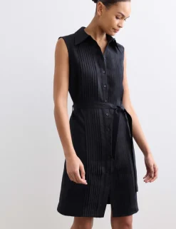 Pure Linen Pleated Knee Length Shirt Dress