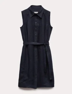 Pure Linen Pleated Knee Length Shirt Dress