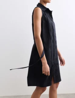 Pure Linen Pleated Knee Length Shirt Dress