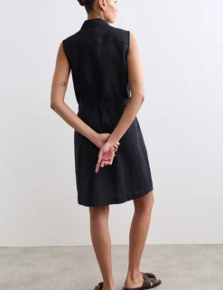 Pure Linen Pleated Knee Length Shirt Dress