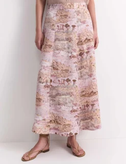 Pure Linen Printed Maxi A-Line Skirt