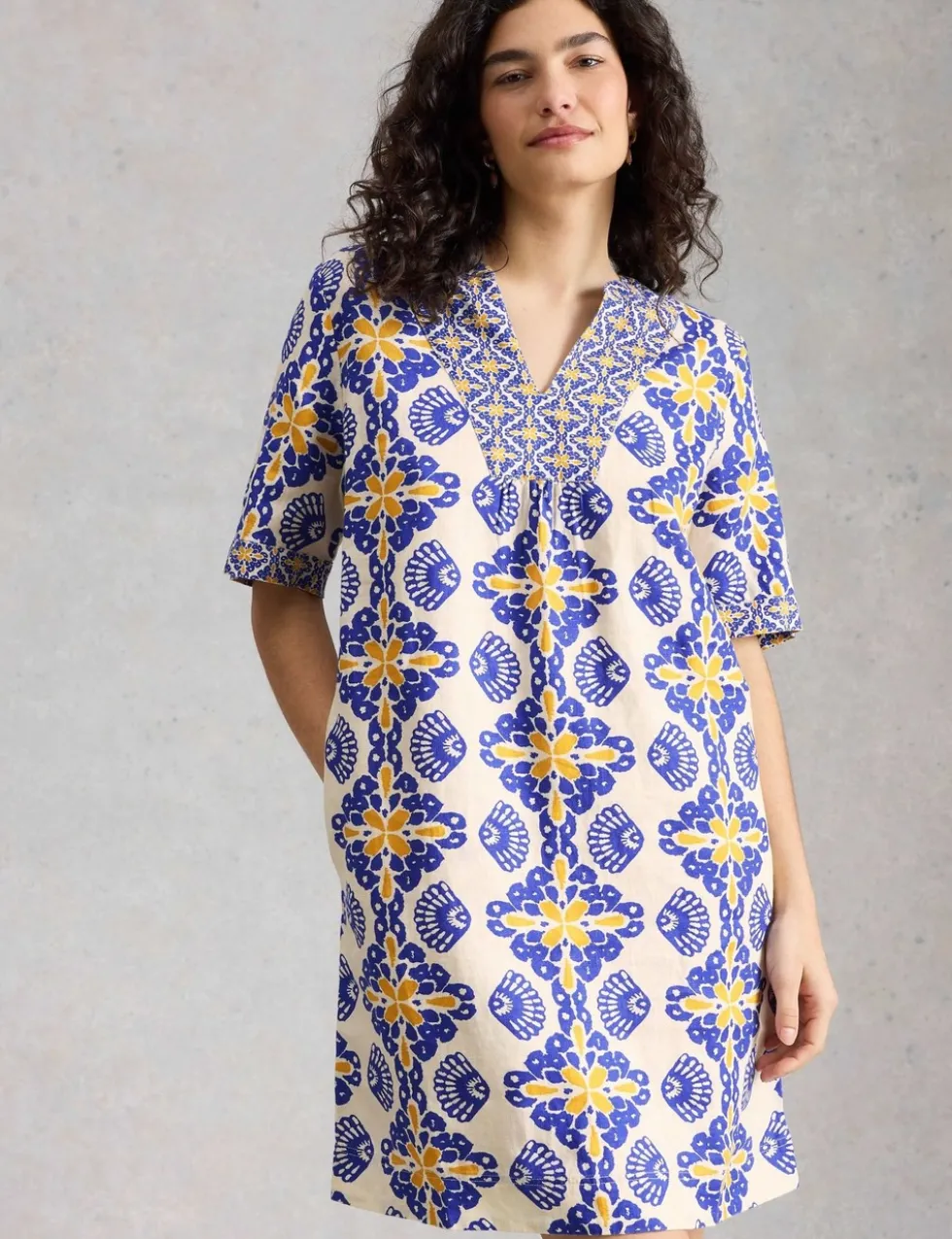 Pure Linen Printed Mini Shift Dress