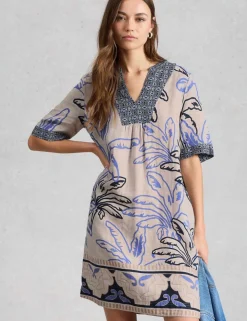 Pure Linen Printed Notch Neck Shift Dress