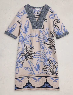 Pure Linen Printed Notch Neck Shift Dress