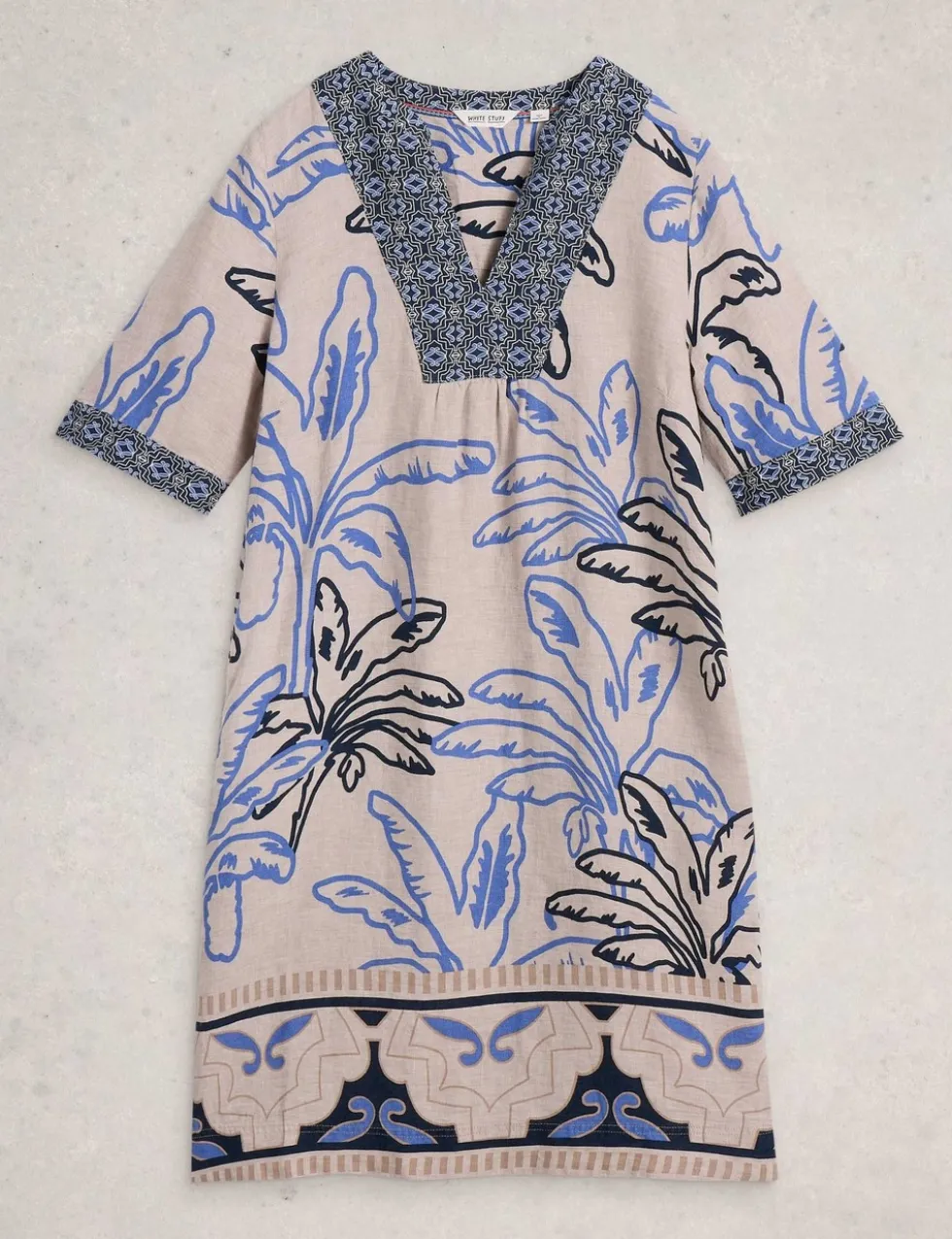 Pure Linen Printed Notch Neck Shift Dress