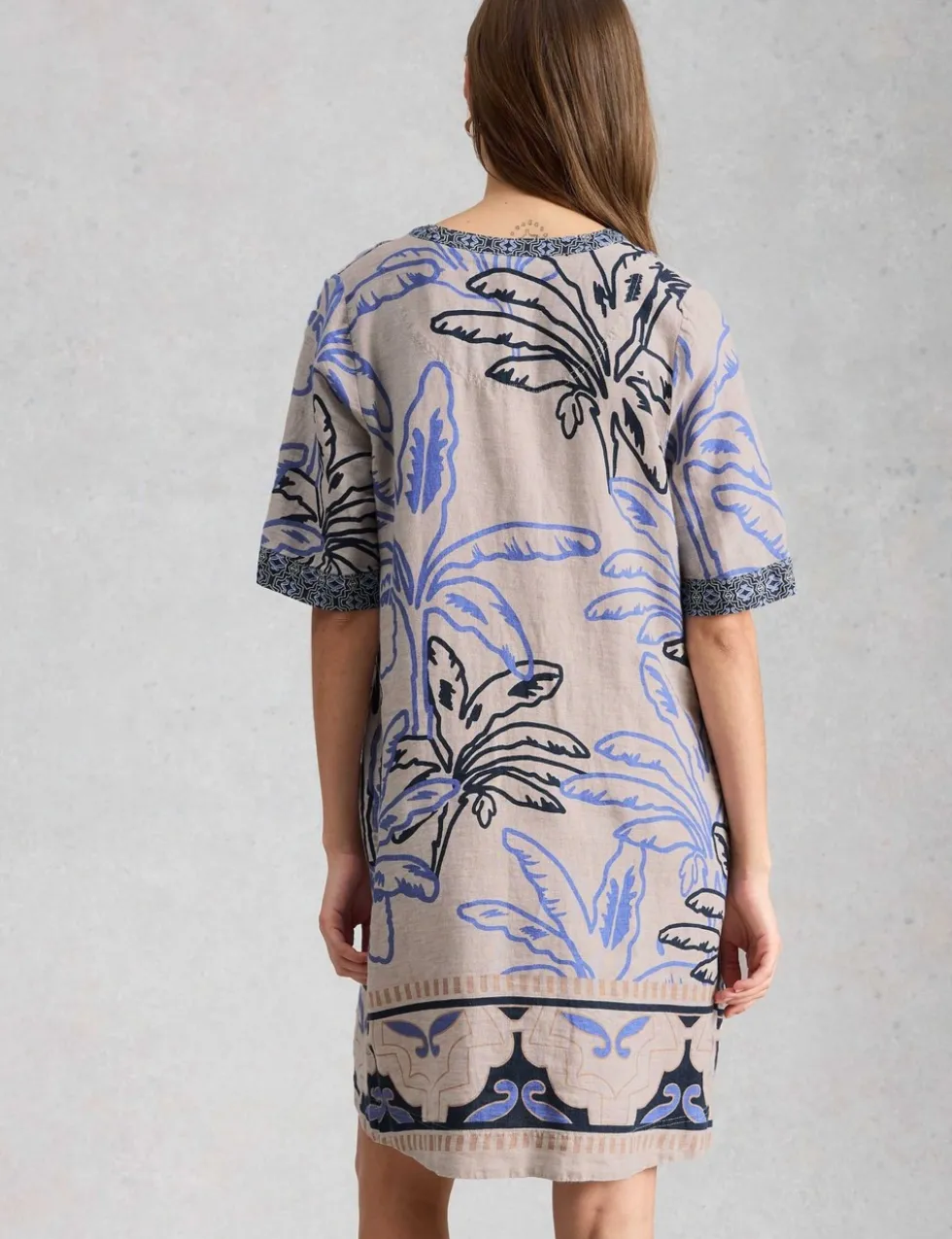 Pure Linen Printed Notch Neck Shift Dress