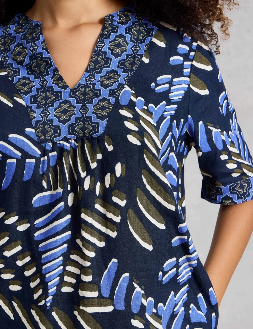 Pure Linen Printed Notch Neck Shift Dress