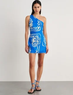 Pure Linen Printed One Shoulder Mini Dress