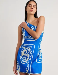 Pure Linen Printed One Shoulder Mini Dress
