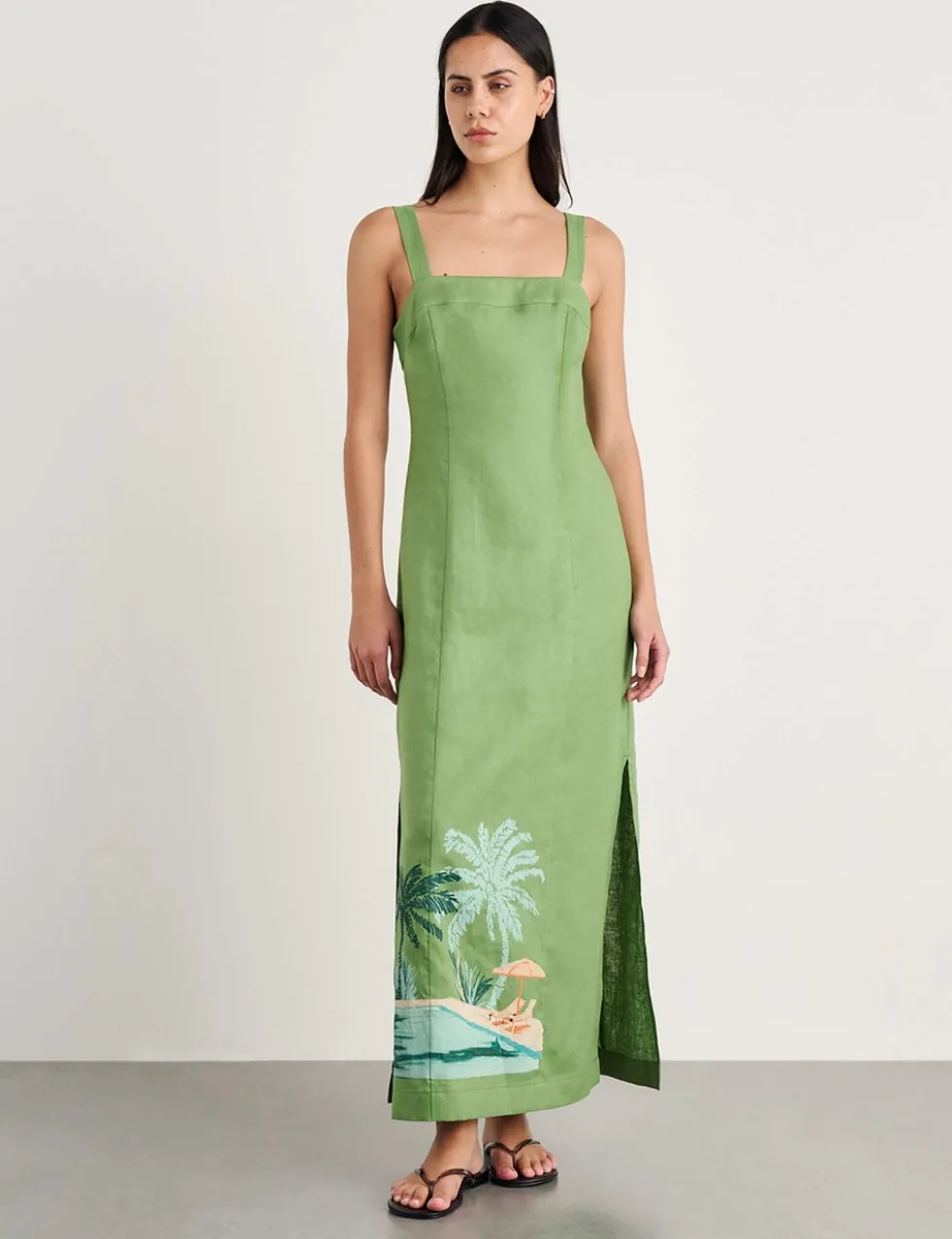 Pure Linen Printed Strappy Maxi Column Dress