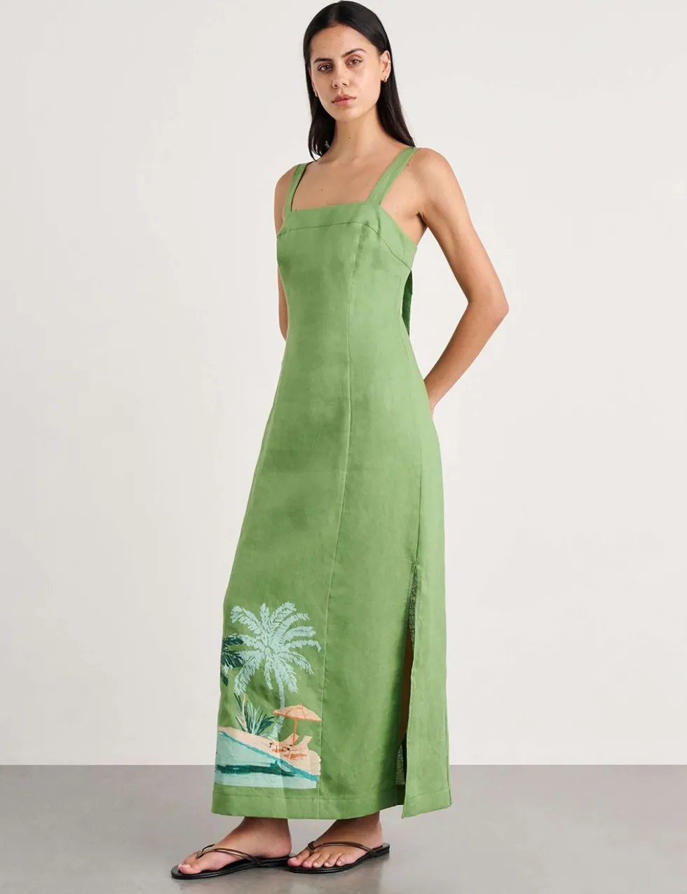 Pure Linen Printed Strappy Maxi Column Dress