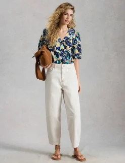Pure Linen Printed V-Neck Top