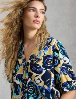 Pure Linen Printed V-Neck Top