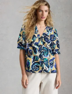 Pure Linen Printed V-Neck Top