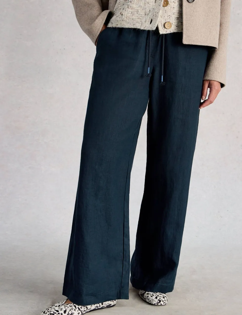 Pure Linen Printed Wide Leg Trousers