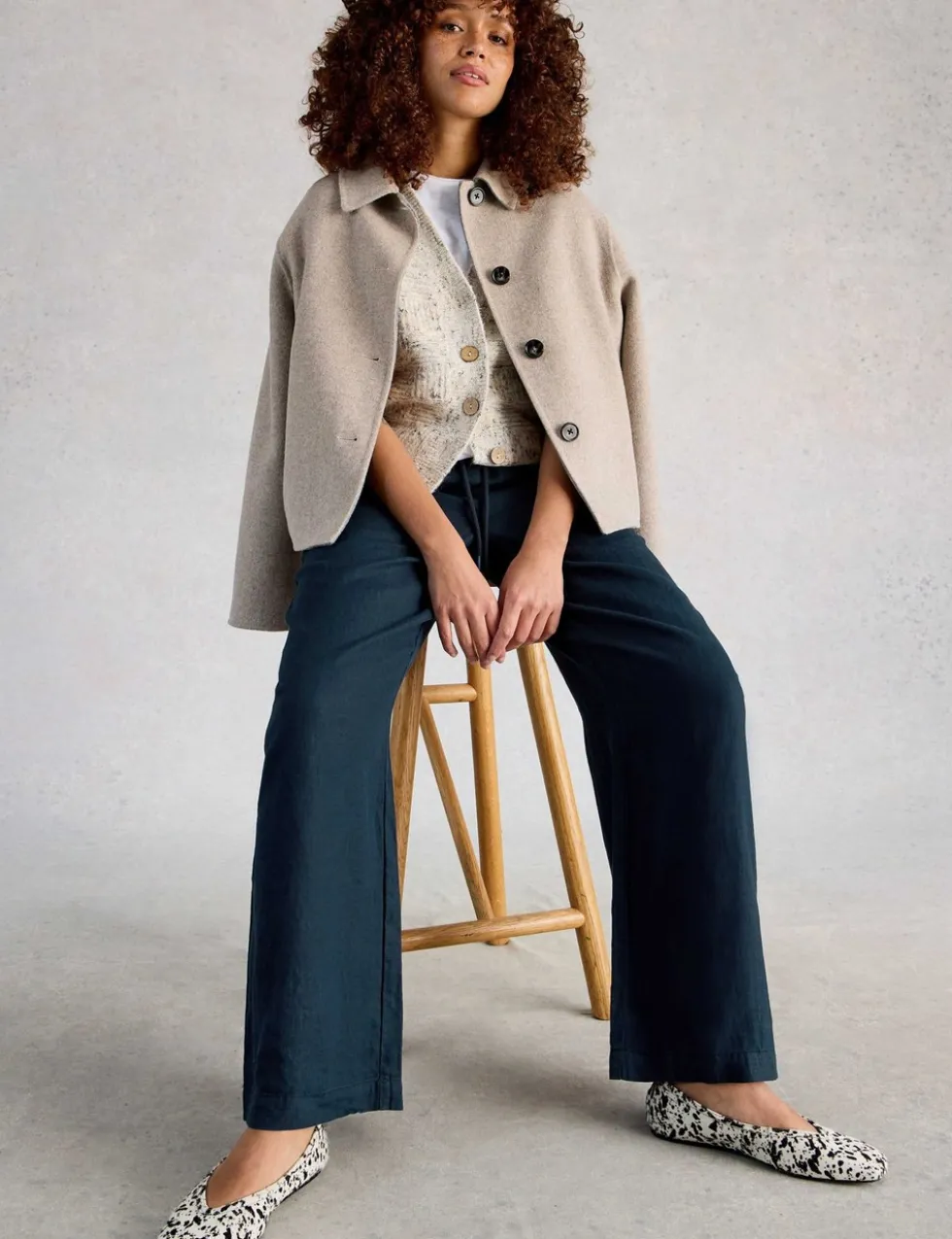 Pure Linen Printed Wide Leg Trousers