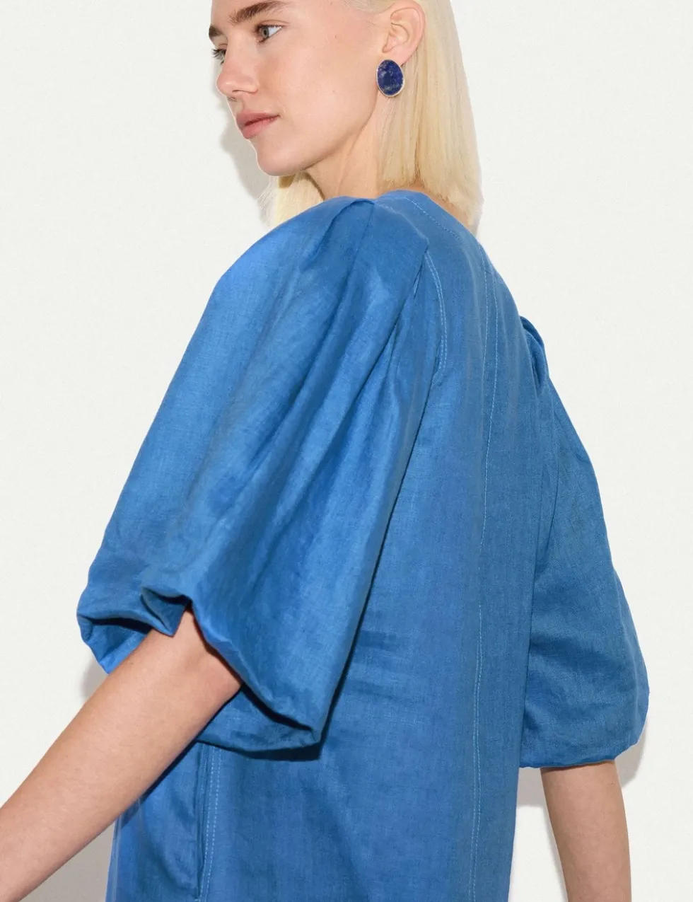 Pure Linen Puff Sleeve Mini Shift Dress