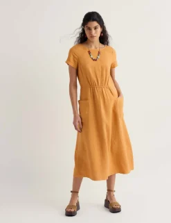Pure Linen Round Neck Midi Waisted Dress